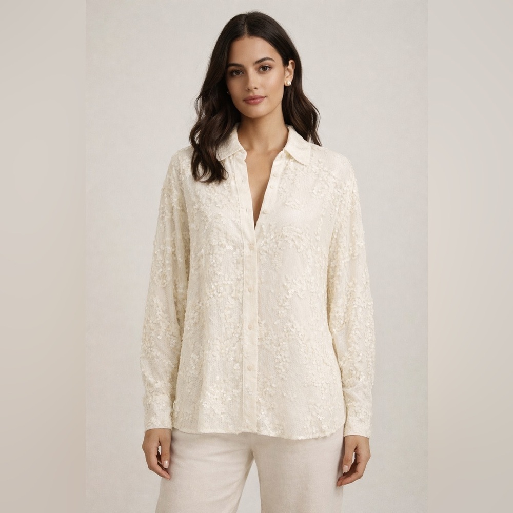 Revolve Gold Hawk Lexi Sequin Silk Button Down Blouse Dove White Nwt Medium